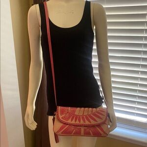 Patricia Nash Pink and Taupe Leather Floral Crossbody Bag or Clutch Bag